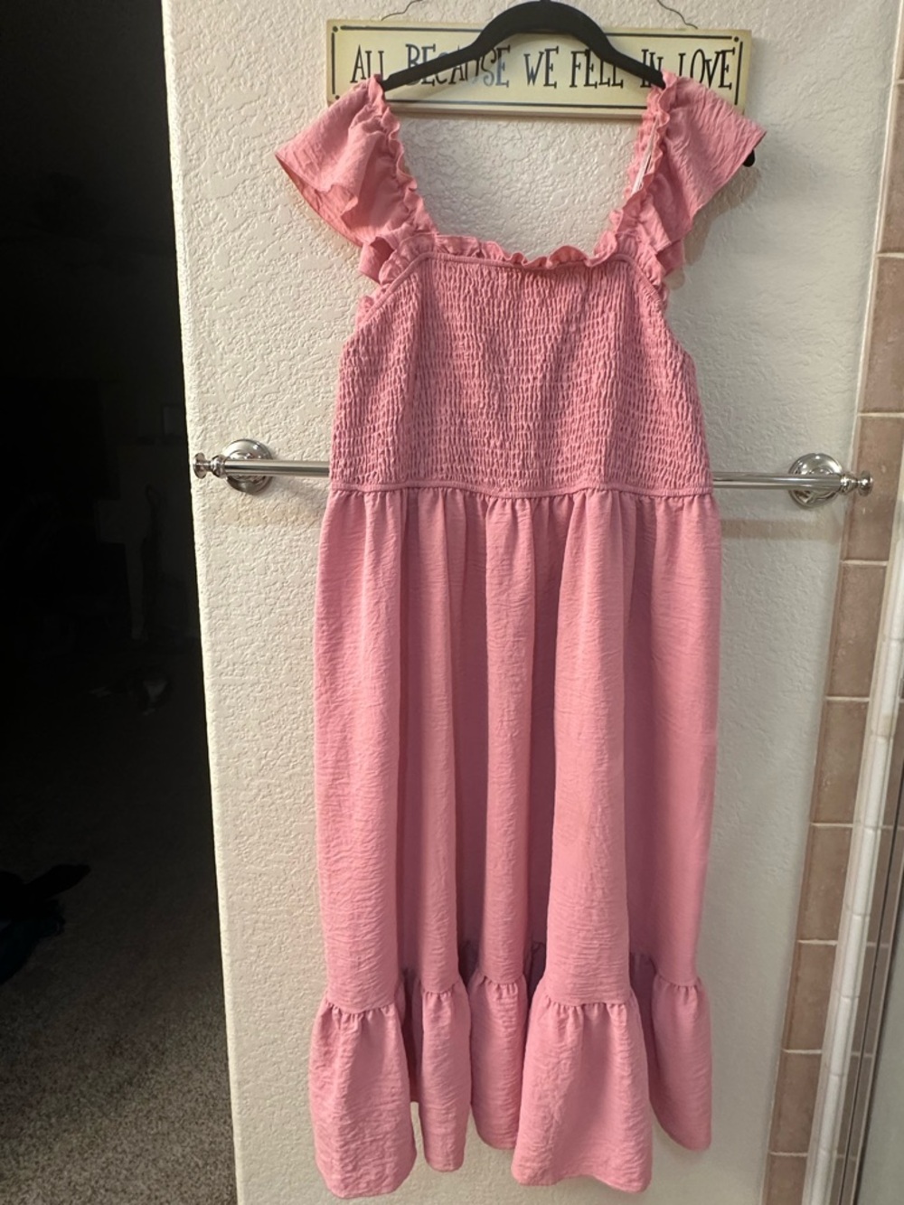 SHEIN Pink Smocked Ruffle Strap Midi Dress